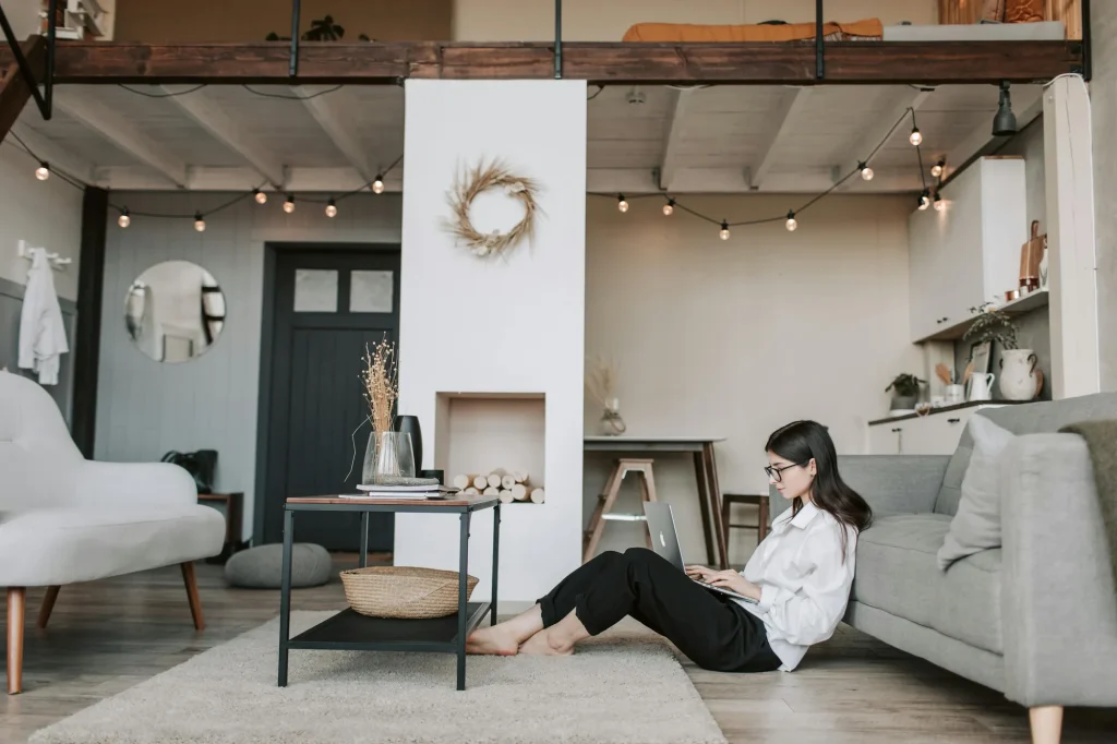 woman working from living room